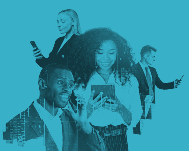 Diverse business professionals using mobile technology and IoT solutions